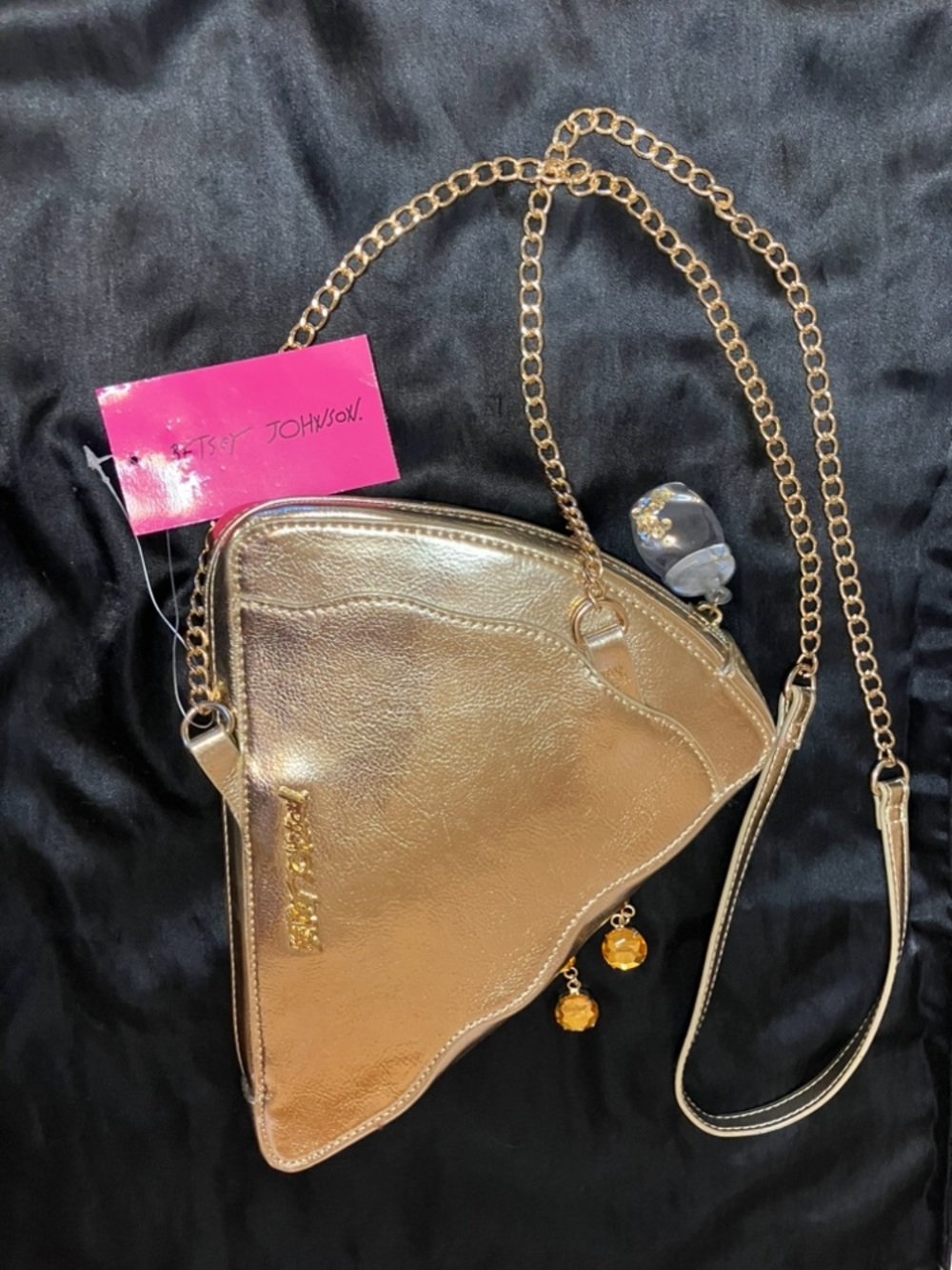 Betsey Johnson Gold Glitter Pizza Slice Crossbody with Red Gem Accents - Picture 2 of 3